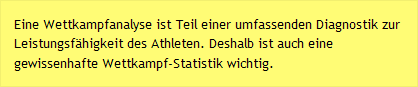 Eine Wettkampfanalyse ist Teil einer umfassenden Diagnostik zur Leistungsfähigkeit des Athleten. Deshalb ist auch eine gewissenhafte Wettkampf-Statistik wichtig.