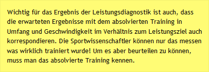 Wichtig für das Ergebnis der Leistungsdiagnostik ist auch, dass die erwarteten Ergebnisse mit dem absolvierten Training in Umfang und Geschwindigkeit im Verhältnis zum Leistungsziel auch korrespondieren. Die Sportwissenschaftler können nur das messen was wirklich trainiert wurde! Um es aber beurteilen zu können, muss man das absolvierte Training kennen.