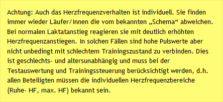 Achtung: Auch das Herzfrequenzverhalten ist individuell. Sie finden immer wieder Läufer/Innen die vom bekannten „Schema“ abweichen. Bei normalen Laktatanstieg reagieren sie mit deutlich erhöhten Herzfrequenzanstiegen. In solchen Fällen sind hohe Pulswerte aber nicht unbedingt mit schlechtem Trainingszustand zu verbinden. Dies ist geschlechts- und altersunabhängig und muss bei der Testauswertung und Trainingssteuerung berücksichtigt werden, d.h. allen Beteiligten müssen die individuellen Herzfrequenzbereiche (Ruhe- HF, max. HF) bekannt sein.