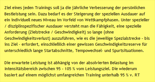 Ziel eines jeden Trainings soll ja die j&auml;hrliche Verbesserung der pers&ouml;nlichen Bestleistung sein. Dazu bedarf es der Steigerung der speziellen Ausdauer auf ein individuell neues Niveau im Vorfeld von Wettkampfphasen. Unter spezieller / disziplinspezifischer Ausdauer versteht man die F&auml;higkeit, eine spezielle Anforderung (Zielstrecke / Geschwindigkeit) so lange (ohne Geschwindigkeitsverlust) auszuf&uuml;hren, wie es die jeweilige Spezialstrecke &ndash; bis ins Ziel - erfordert, einschlie&szlig;lich einer gewissen Geschwindigkeitsreserve f&uuml;r unterschiedlich lange Startabschnitte, Tempowechsel- und Spurtsituationen. Die erwartete Leistung ist abh&auml;ngig von der absolvierten Belastung im Intensit&auml;tsbereich zwischen 95 &ndash; 105 % vom Leistungsziel. Die wiederum basiert auf einem m&ouml;glichst umfangreichen Training unterhalb 95 % v. RT 