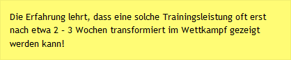 Die Erfahrung lehrt, dass eine solche Trainingsleistung oft erst nach etwa 2 &ndash; 3 Wochen transformiert im Wettkampf gezeigt werden kann!