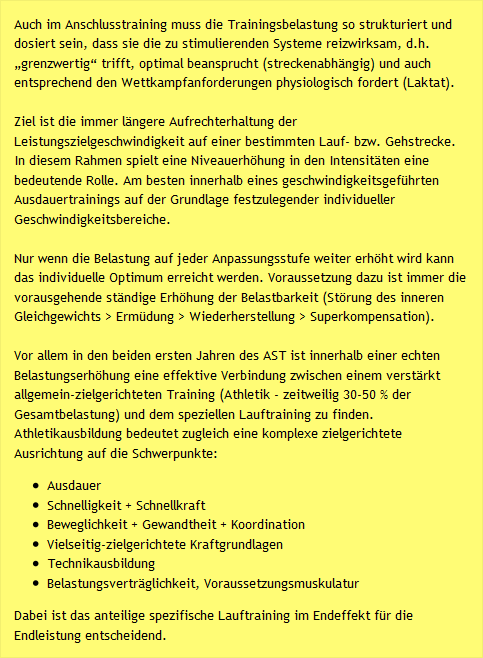 Auch im Anschlusstraining muss die Trainingsbelastung so strukturiert und dosiert sein, dass sie die zu stimulierenden Systeme reizwirksam, d.h. &bdquo;grenzwertig&ldquo; trifft, optimal beansprucht (streckenabh&auml;ngig) und auch entsprechend den Wettkampfanforderungen physiologisch fordert (Laktat). - Ziel ist die immer l&auml;ngere Aufrechterhaltung der Leistungszielgeschwindigkeit auf einer bestimmten Lauf- bzw. Gehstrecke. In diesem Rahmen spielt eine Niveauerh&ouml;hung in den Intensit&auml;ten eine bedeutende Rolle. Am besten innerhalb eines geschwindigkeitsgef&uuml;hrten Ausdauertrainings auf der Grundlage festzulegender individueller Geschwindigkeitsbereiche. - Vor allem in den beiden ersten Jahren des AST ist innerhalb einer echten Belastungserh&ouml;hung eine effektive Verbindung zwischen einem verst&auml;rkt allgemein-zielgerichteten Training (Athletik - zeitweilig 30-50 % der Gesamtbelastung) und dem speziellen Lauftraining zu finden. Athletikausbildung bedeutet zugleich eine komplexe zielgerichtete Ausrichtung auf die Schwerpunkte:  - Ausdauer - Schnelligkeit + Schnellkraft - Beweglichkeit + Gewandtheit + Koordination -  Vielseitig-zielgerichtete Kraftgrundlagen - Technikausbildung - # Belastungsvertr&auml;glichkeit, Voraussetzungsmuskulatur  - Dabei ist das anteilige spezifische Lauftraining im Endeffekt f&uuml;r die Endleistung entscheidend. 