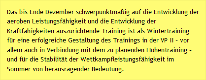 Das bis Ende Dezember schwerpunktm&auml;&szlig;ig auf die Entwicklung der aeroben Leistungsf&auml;higkeit und die Entwicklung der Kraftf&auml;higkeiten auszurichtende Training ist als Wintertraining f&uuml;r eine erfolgreiche Gestaltung des Trainings in der VP II &ndash; vor allem auch in Verbindung mit dem zu planenden H&ouml;hentraining &ndash; und f&uuml;r die Stabilit&auml;t der Wettkampfleistungsf&auml;higkeit im Sommer von herausragender Bedeutung. 