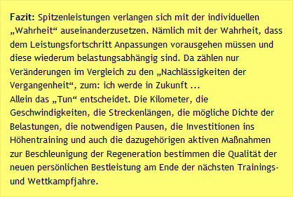 Fazit: Spitzenleistungen verlangen sich mit der individuellen &bdquo;Wahrheit&ldquo; auseinanderzusetzen. N&auml;mlich mit der Wahrheit, dass dem Leistungsfortschritt Anpassungen vorausgehen m&uuml;ssen und diese wiederum belastungsabh&auml;ngig sind. Da z&auml;hlen nur Ver&auml;nderungen im Vergleich zu den &bdquo;Nachl&auml;ssigkeiten der Vergangenheit&ldquo;, zum: ich werde in Zukunft ...