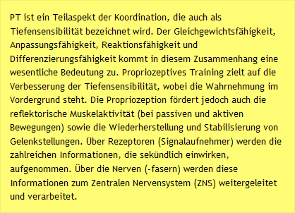 PT ist ein Teilaspekt der Koordination, die auch als Tiefensensibilität bezeichnet wird. Der Gleichgewichtsfähigkeit, Anpassungsfähigkeit, Reaktionsfähigkeit und Differenzierungsfähigkeit kommt in diesem Zusammenhang eine wesentliche Bedeutung zu. Propriozeptives Training zielt auf die Verbesserung der Tiefensensibilität, wobei die Wahrnehmung im Vordergrund steht. Die Propriozeption fördert jedoch auch die reflektorische Muskelaktivität (bei passiven und aktiven Bewegungen) sowie die Wiederherstellung und Stabilisierung von Gelenkstellungen. Über Rezeptoren (Signalaufnehmer) werden die zahlreichen Informationen, die sekündlich einwirken, aufgenommen. Über die Nerven (-fasern) werden diese Informationen zum Zentralen Nervensystem (ZNS) weitergeleitet und verarbeitet.