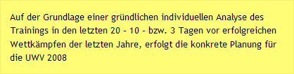 Auf der Grundlage einer gründlichen individuellen Analyse des Trainings in den letzten 20 – 10 – bzw. 3 Tagen vor erfolgreichen Wettkämpfen der letzten Jahre, erfolgt die konkrete Planung für die UWV 2008