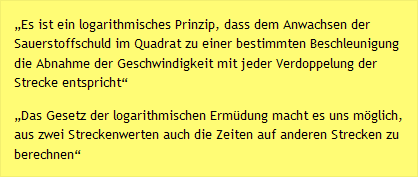 „Es ist ein logarithmisches Prinzip, dass dem Anwachsen der Sauerstoffschuld im Quadrat zu einer bestimmten Beschleunigung die Abnahme der Geschwindigkeit mit jeder Verdoppelung der Strecke entspricht“ „Das Gesetz der logarithmischen Ermüdung macht es uns möglich, aus zwei Streckenwerten auch die Zeiten auf anderen Strecken zu berechnen“