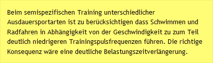 Beim semispezifischen Training unterschiedlicher Ausdauersportarten ist zu berücksichtigen dass Schwimmen und Radfahren in Abhängigkeit von der Geschwindigkeit zu zum Teil deutlich niedrigeren Trainingspulsfrequenzen führen. Die richtige Konsequenz wäre eine deutliche Belastungszeitverlängerung.