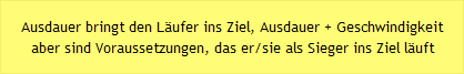 Ausdauer bringt den L&auml;ufer ins Ziel, Ausdauer + Geschwindigkeit aber sind Voraussetzungen, das er/sie als Sieger ins Ziel l&auml;uft 