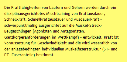 Die Kraftfähigkeiten von Läufern und Gehern werden durch ein disziplinausgerichtetes Mischtraining von Kraftausdauer, Schnellkraft, Schnellkraftausdauer und Ausdauerkraft – schwerpunktmäßig ausgerichtet auf die Muskel-Streck-Beugeschlingen (Agonisten und Antagonisten, Ganzkörperanforderungen im Wettkampf) – entwickelt. Kraft ist Voraussetzung für Geschwindigkeit und die wird wesentlich von der anlagebedingten individuellen Muskelfaserstruktur (ST- und FT- Faseranteile) bestimmt.