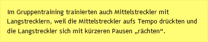 Im Gruppentraining trainierten auch Mittelstreckler mit Langstrecklern, weil die Mittelstreckler aufs Tempo drückten und die Langstreckler sich mit kürzeren Pausen „rächten“.