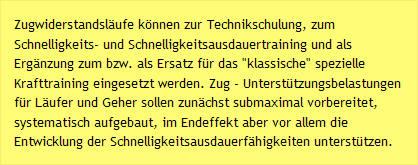 Zugwiderstandsläufe können zur Technikschulung, zum Schnelligkeits- und Schnelligkeitsausdauertraining und als Ergänzung zum bzw. als Ersatz für das "klassische" spezielle Krafttraining eingesetzt werden. Zug - Unterstützungsbelastungen für Läufer und Geher sollen zunächst submaximal vorbereitet, systematisch aufgebaut, im Endeffekt aber vor allem die Entwicklung der Schnelligkeitsausdauerfähigkeiten unterstützen.